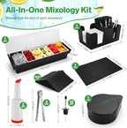 Bartending Supplies - 18" x 12" Bar Mat Garnish Tray with Lid Bar Caddy 3 Tier Bar Glass Rimmer, 2 Plastic Juice Pour Bottles 3 Mini Tongs 12 Classic Liquor Bottle Pourers 500 Cocktail Straws(Black)