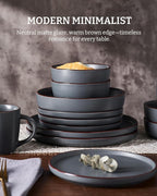 Famiware Mercury Dinnerware Sets with Pasta Bowls, Service for 6 (24 Pieces), Stoneware Plates and Bowls Sets, Microwave and Dishwasher Safe Dishes Set, Charcoal
