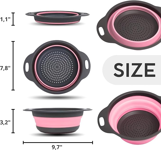 Pink Round Silicone Colander Collapsible – Foldable Kitchen Strainer Small Collapsible Colander Pink with Plastic Handles for Draining Vegetable and Fruit Round Silicone Kitchen Strainer for Pasta