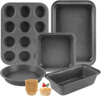 Baking Pans Set, 5 Piece Grey Marble Nonstick Bakeware with 100 Cupcake Liners – Stackable Carbon Steel Set for Small Kitchens, Apartments, Home Baking and Gifts