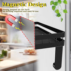 DELITON Magnetic Paper Towel Holder for Fridge - Black Paper Towel Roll Holder with Shelf for Grill Strong Magnetic Heavy Duty, Kitchen Refrigerator Organization Spice Rack with 2 Hooks No Drill