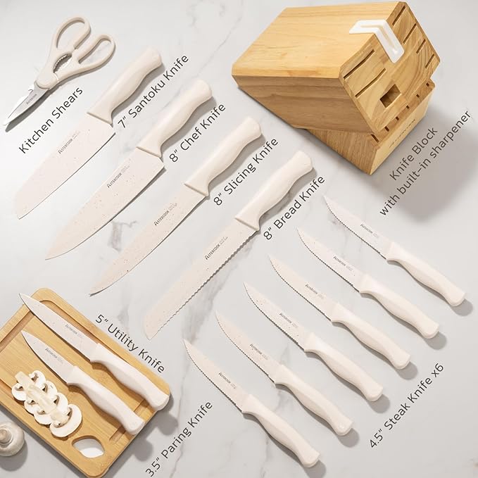Astercook Knife Set, 15 Pieces Kitchen Knife Set with Sharpener Block, German Stainless Steel Knives Set with Anti-Rust Coating, Dishwasher Safe Elegant Cream White Knife Block Sets, Valentine's Gift