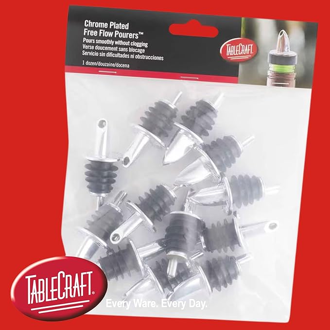 TableCraft 670, Economy Liquor Bottle Pourers, Chrome Plated Plastic, No Collar, Fits Standard 750 ml Bottles, Smooth Accurate Pour, Spill-Reducing Design, Silver, 1.25" x 1.25" x 2.75"