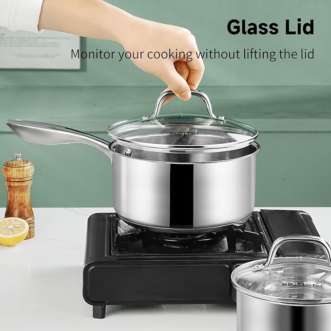 SLOTTET 1Qt & 2Qt & 3QT Stainless Steel Sauce Pan Set with Lid,6 Pcs Non Stick Saucepan,Small Kitchen Pots,Induction Compatible,PFOA FREE