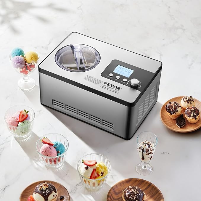 VEVOR Automatic Ice Cream Maker with Built-in Compressor, 2 Quart No Pre-freezing Fruit Yogurt Machine, Stainless Steel Electric Sorbet Maker, 3 Modes Gelato Maker with LCD Display & Timer, Silver