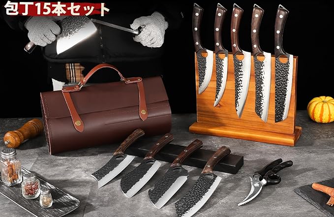 DRGSKL Serbian Chef Knife Set, Hand Forged Butcher Knife Set with Knife Bag, High Carbon Steel Kitchen Knives Set Meat Cleaver Boning Knife Viking Knives for Brisket Trimming, Gifts for Dad