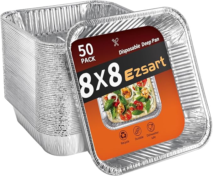 Aluminum Pans 8x8-50 Pack Disposable Baking Pans, 8 Inch Square Tin Foil Pans, Aluminum Roasting Trays for Holiday Cooking, Heating and Baking, Christmas, Parties Meal Prep & Storage