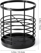 Utensil holder for Kitchen Counter - 5.2" x 5.2" x 6" Large Round Utensils Holder with Wooden Base Matte Black Cooking Utensil Holder，Kitchen countertop Utensil Organizer (Metal-1)