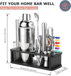 HMYBAR® 22-pc Cocktail Shaker Set(24oz/700ml) | Mixology Bartender Kit | Bar Tool Set | Martini Making Set with 39-Recipe Cocktail Cards & Kit's Deco, Bamboo Stand Black Color, Silver Tools