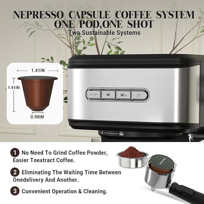 Espresso Machine 20 Bar, 2 in 1 Espresso Maker with Milk Frother Steam Wand for Latte and Cappuccino, Powder and Capsule Portafilter, 50oz Removable Water Tank expresso Coffee Machine for Home-Silver