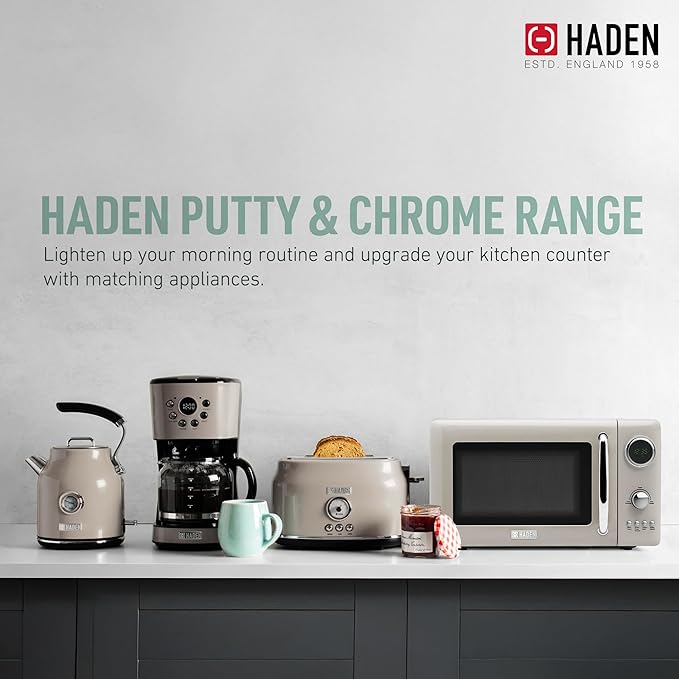 Haden 700 Watt 0.7 Cubic Foot Microwave Oven with Digital Controls, Defrost, and Instant Start Countertop Small Appliance, Putty/Chrome