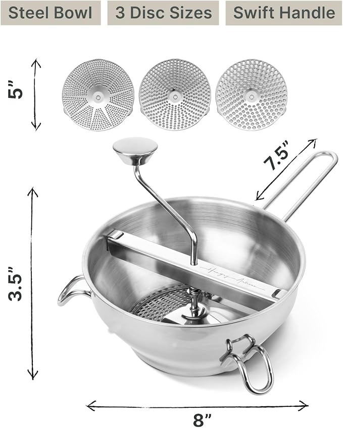 Stainless Steel Food Mill with 3 Discs – Ergonomic Rotary Hand Crank for Tomato Sauce, Applesauce, Baby Food, Mashed Potatoes, Puree & Canning