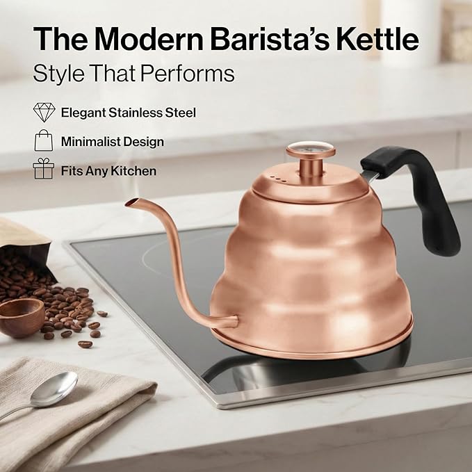 Barista Warrior Gooseneck Kettle with Built-In Thermometer for Pour Over Coffee & Tea - 1L Stainless Steel Kettle Stovetop Safe with Precision Spout - Copper Coated Stainless Steel