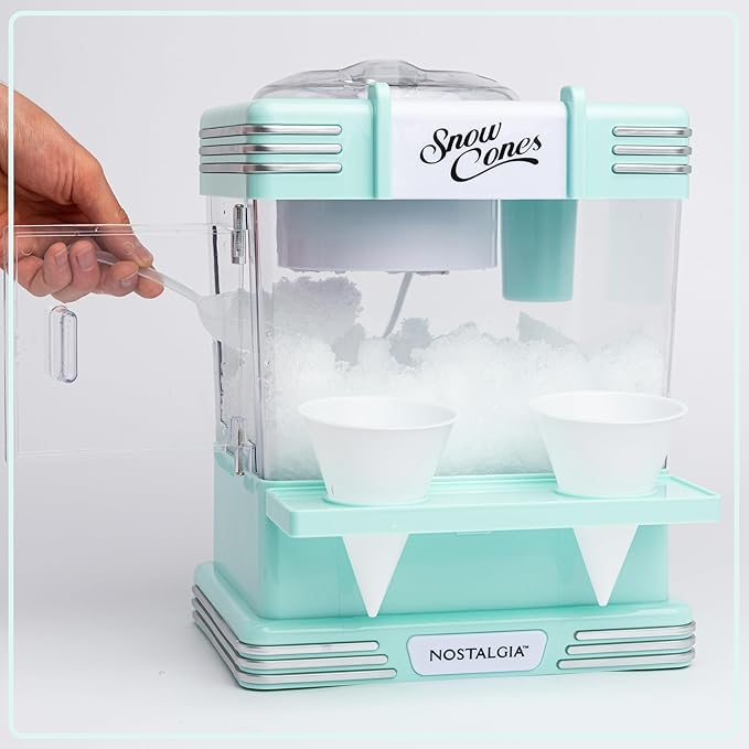 Nostalgia Snow Cone Machine With 2 Reusable Plastic Cups & Ice Scoop for Easy Serving- Retro Table-Top Ice Cone Maker Makes 20 Icy Treats- Slushie Machine for Parties, Family Treats & Gatherings- Aqua