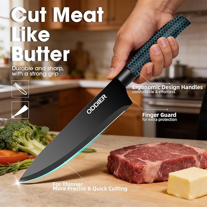 Knife Set, 10 Piece Kitchen Knife Set, Stainless Steel Knives Set for Kitchen, Universal Knife Block Set, Kitchen Kinfe Essentials, New Home Apartment Essentials, Dishwasher Safe (Black)