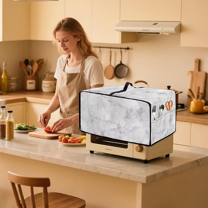 Marble Print Toaster Oven Protective Cover for Kitchen Counter, Heat-resistant Dust-proof Microwave Oven Air Fryer Cover with Storage Pockets (Large-18.5 * 22.5 * 12.99 inches)