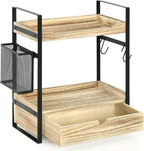 Coffee Station Organizer Countertop, Wooden Coffee Bar Accessories Organizer with Basket, 2 Mug Holder Hooks and Pod Drawer, Multifunctional 2 Tier Countertop Organizer for Kitchen, Bathroom, Office