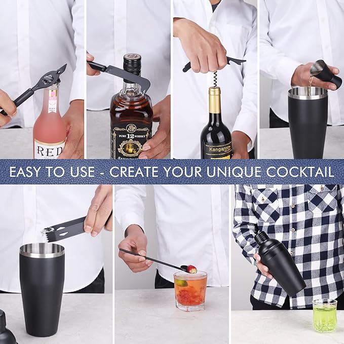 JNWINOG Cocktail Shaker Set Stainless Steel Bartending Kit 18.6oz Cocktail Bar Set Cocktail Mix Drink Making Kit Professional Bar and Home Drink Bar Tools for Bartender (Matte Black, 9Pcs)