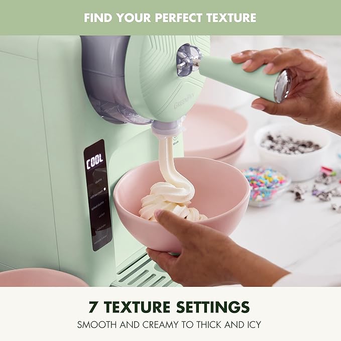 GreenPan Frost Ice Cream Maker & Slushie Machine, Soft Serve, Sorbet, Margaritas, Milkshakes, Frozen Yogurt, No Pre-Freezing, Ready in 15 Mins, 6 Modes, 7 Textures, Self-Cleaning, Family Size, Green