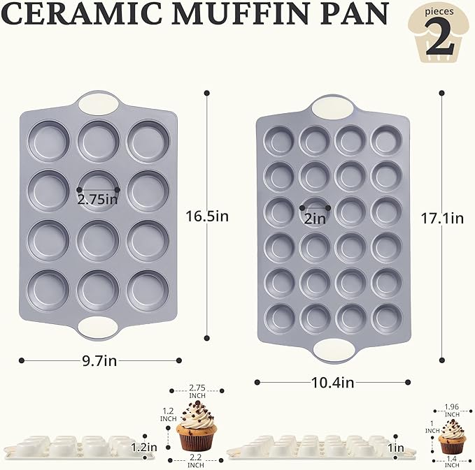 BRONYPRO 2-Pack 12 Cup and Mini 24 Cup Non Toxic Nonstick Ceramic Muffin Pan & Cupcake Tin, PFOA & PTFE Free, Heavy Duty Rust-Resistant Aluminized Steel, Oven & Dishwasher Safe, Cream White