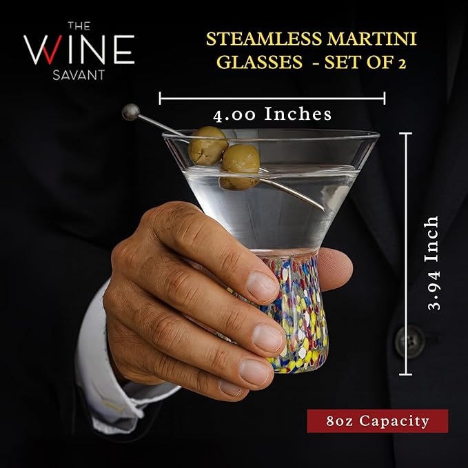 Large Stemless Martini Glasses – Set of 2-8oz Luxury Hand Blown Confetti Margarita, Martinis, Cocktails, Water, Wine, Dessert & Champagne Glasses Cinco de Mayo, Hand Blown - Mexican Confetti Glass
