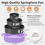 Springform Pan Set of 3 Leakproof Spring Form Pan for Cheesecake, Nonstick 4 7 9 Inch Cheesecake Pan with Silicone Protector, Springform Cheese Cake Pans Sets for Baking with 50Pcs Parchment Paper