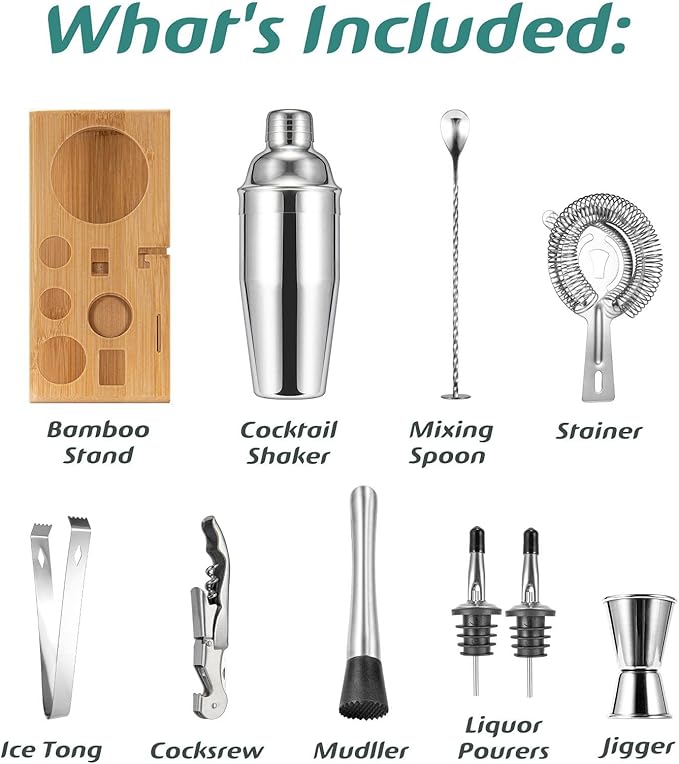 Cocktail Shaker Set, 18/8 Food-Grade Stainless Steel Mixology Bartender Kit 10-Piece Bar Tools with Stylish Bamboo Stand - Rust-Proof & Dishwasher Safe - Professional Martini Shaker Gift for Men, Dad