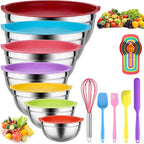 Leidawn Mixing Bowls with Lids for Kitchen - 25 PCS Stainless Steel Nesting Colorful Mixing Bowls Set for Baking,Mixing,Serving & Prepping,Size 5, 3.7, 2.8, 2.3, 1.7, 1.1, 0.7QT,11 Cooking Utensils