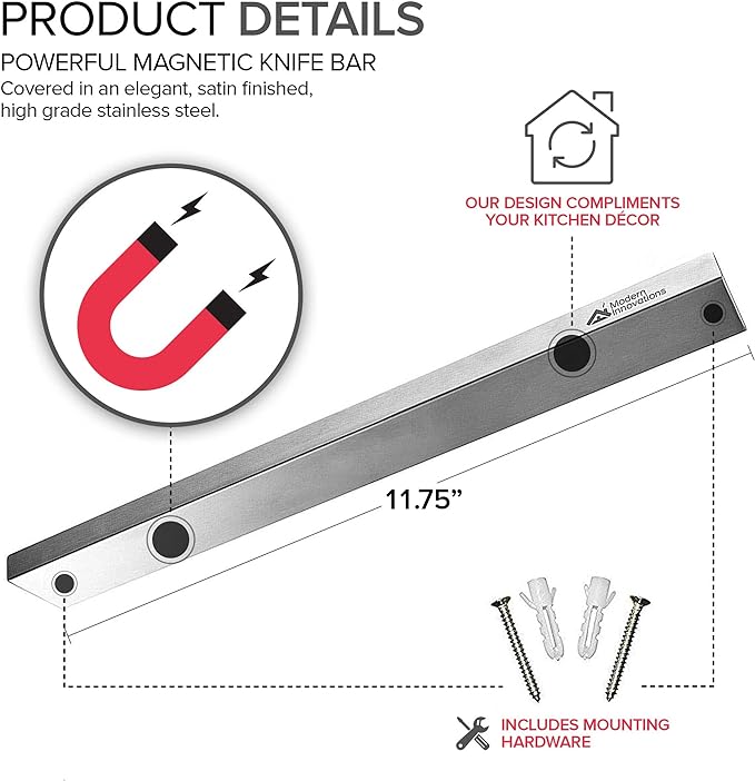 Modern Innovations 12 Inch Stainless Steel Magnetic Knife Bar with Multipurpose Use as Knife Holder, Knife Rack, Knife Strip, Kitchen Utensil Holder, Tool Holder, Art Supply Organizer, Home Organizer