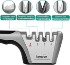 Longzon 5-in-1 Knife Sharpener 4 Stage with Cut-Resistant Glove, Quickly Sharpens & Restores Dull Blades, Easy & Safe for Home Kitchen Use, Fits Most Knives and Scissors, Black+Silver
