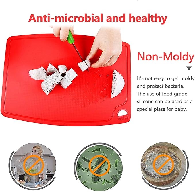 Liflicon Silicone Thick Cutting Boards Mats Set of 3pcs Foldable & Flexible Design Juice Grooves Easy Grip Handle Dishwasher Safe for Kitchen,BPA free Silicone Cutting Boards/Mats-Red
