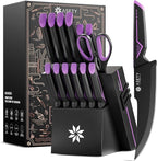 Knife Set - 15 PCS Kitchen Knife Set with Built-in Knife Sharpener Block - Stainless Steel Knife Block Set - Dishwasher Safe, Elegant Box for Men Women