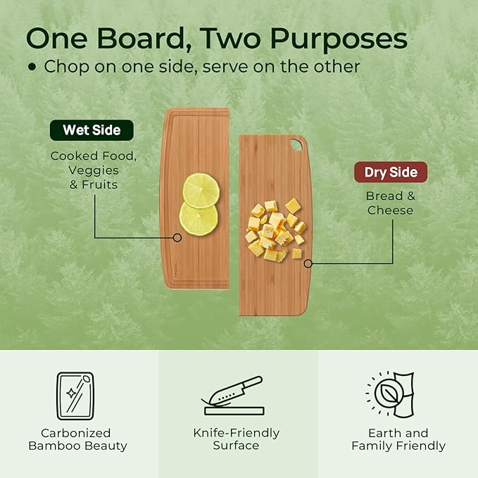 Keechee Dishwasher Safe Carbonized Bamboo Wood Cutting Boards for Kitchen with Juice Groove, Wooden Charcuterie & Chopping for Fruit, Vegetables & Cheese, Durable, Lightweight, Water-Resistant