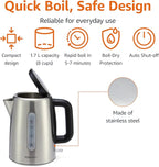Amazon Basics Electric Stainless Steel Kettle for Tea and Coffee, BPA-Free, Fast Boiling, Auto Shut-Off, Boil-Dry Protection, 1.7 Liter, 1500W, Black and Silver