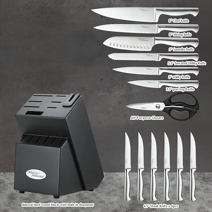 Marco Almond® Knife Set with Block KYA28, 14 Pieces Stainless Steel Chef Cutlery Kitchen Knives Block Set with Built-in Sharpener