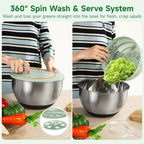 Stainless Steel Salad Spinner with Slicer Set, 5 Qt Large Rotation Vegetable Washer, 5 Interchangeable Slicers, Egg Separator, Anti-Slip Base Lettuce Bowl for Salad & Meal Prep