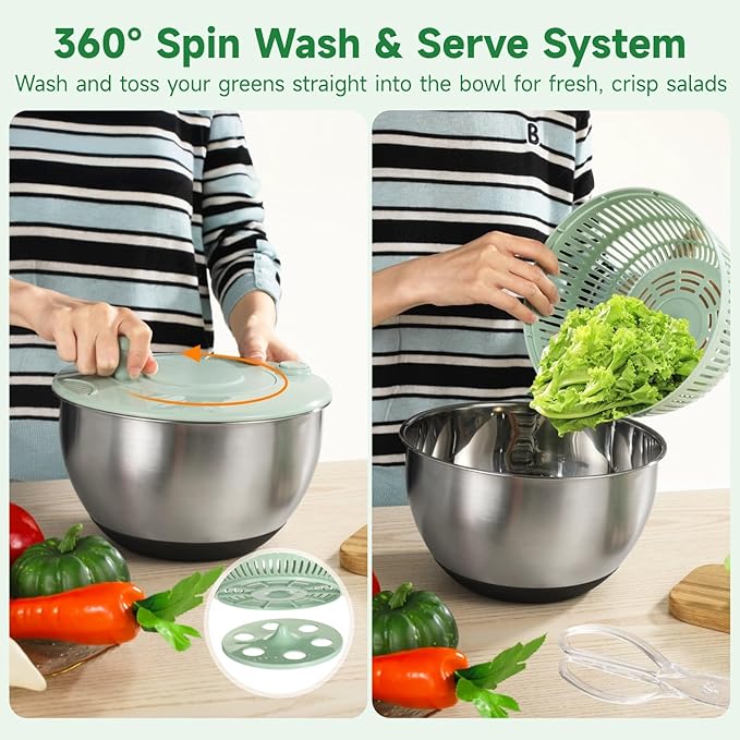 Stainless Steel Salad Spinner with Slicer Set, 5 Qt Large Rotation Vegetable Washer, 5 Interchangeable Slicers, Egg Separator, Anti-Slip Base Lettuce Bowl for Salad & Meal Prep