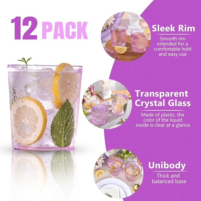 Liacere Plastic Drinking Glasses (Set of 12) 14 oz Purple Plastic Glasses Colors，Kitchen Water Glasses Cup, Bar Tumbler Glassware Set for Beer, Juice, Cocktail, Whiskey, Milk for Valentine’s Day