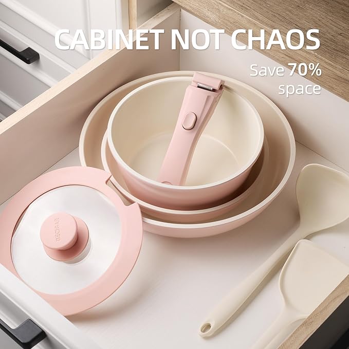 BECIGAR 8PCS Ceramic Cookware,Nonstick Ceramic Pan, Removable Handle Pots and Pans Set, Stackable Pan Set, Nonstick Pots and Pans Set Non Stick pot(Pink)