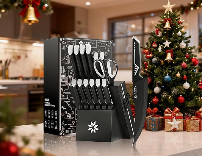 Knife Set - 15 PCS Kitchen Knife Set with Built-in Knife Sharpener Block - Stainless Steel Knife Block Set - Dishwasher Safe, Elegant Box for Men Women, White