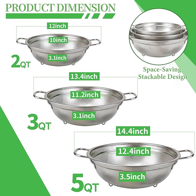 Colander Set of 3, Stainless Steel Micro-Perforated Colanders Strainers for Draining Rinsing Washing, Ideal for Pasta Vegetables Fruits, Heavy Duty & Dishwasher Safe