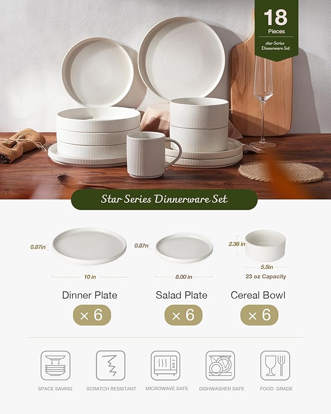 Famiware Star Plates and Bowls Sets, Modern Stoneware Dinnerware Sets for 6, 18-Piece Kitchen Dish Set - Chip and Scratch Resistant, Microwave and Dishwasher Safe Tableware, Matte White