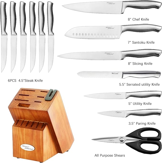 Marco Almond® Knife Block Set, KYA26 Knife Set with Block, 14 Pieces Stainless Steel Chef Kitchen Knives with Built-in Sharpener