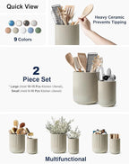 LE TAUCI Utensil Holder for Kitchen Counter, 7.3"+5.4" Fluted Ceramic Utensil Crock Organizer for Countertop, Heavy Large Holder for Spatulas, Spoons, Set of 2, Oatmeal Greige