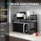 DOLALIKE Microwave Oven Rack, Expandable Microwave Stand Countertop Kitchen Utensils Tableware Storage, Carbon Steel Over Microwave Shelf Countertop with 3 Hooks