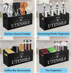 Kitchen Utensil Holder with 4 Compartments, Wooden Utensil Organizer for Countertop, Ideal for Storage and Organization, Rustic Cooking Utensil Kitchen Tool, Black