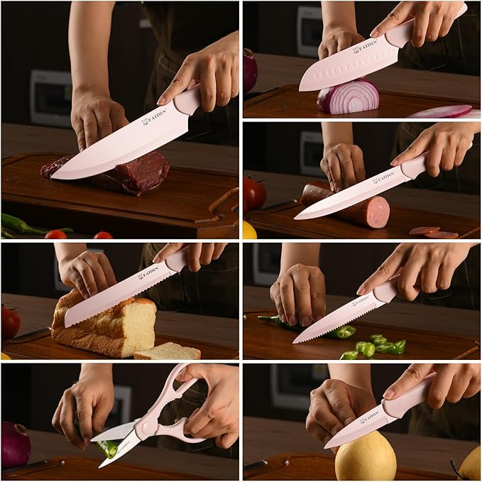 Kitchen Knife Set with Guards, 13 Piece Pink Non-Stick Boxed Knives Set, Anti-Rust and Dishwasher Safe, 6 Knives with 6 Blade Covers and Kitchen Shears