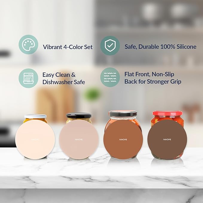 NIHOME Silicone Jar Opener – 6 Inch Large Anti-Slip Grip Pads, Premium 100% Food-Grade Silicone, Stylish Designer Colors, Multi-Purpose Heat-Resistant Mat & Coaster, Set of 4 (Coffee Colors)