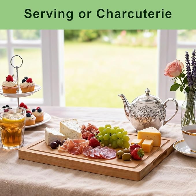 Bamboo Cutting Board for Kitchen, Thickened Chopping Board with Juice Groove & Handles, Large Double Sided Butcher Block for Meat, Vegetables & Charcuterie Serving, 17x12x1 Inch