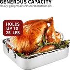 QPMR 16.5inch Roasting Pan with V-Shape Rack - Stainless Steel Large Turkey Roaster Pan for Turkey, Chicken, Ham Roaster with V-Shaped Baking Rack Heavy Duty Dishwasher Safe, Hold up to 22LB